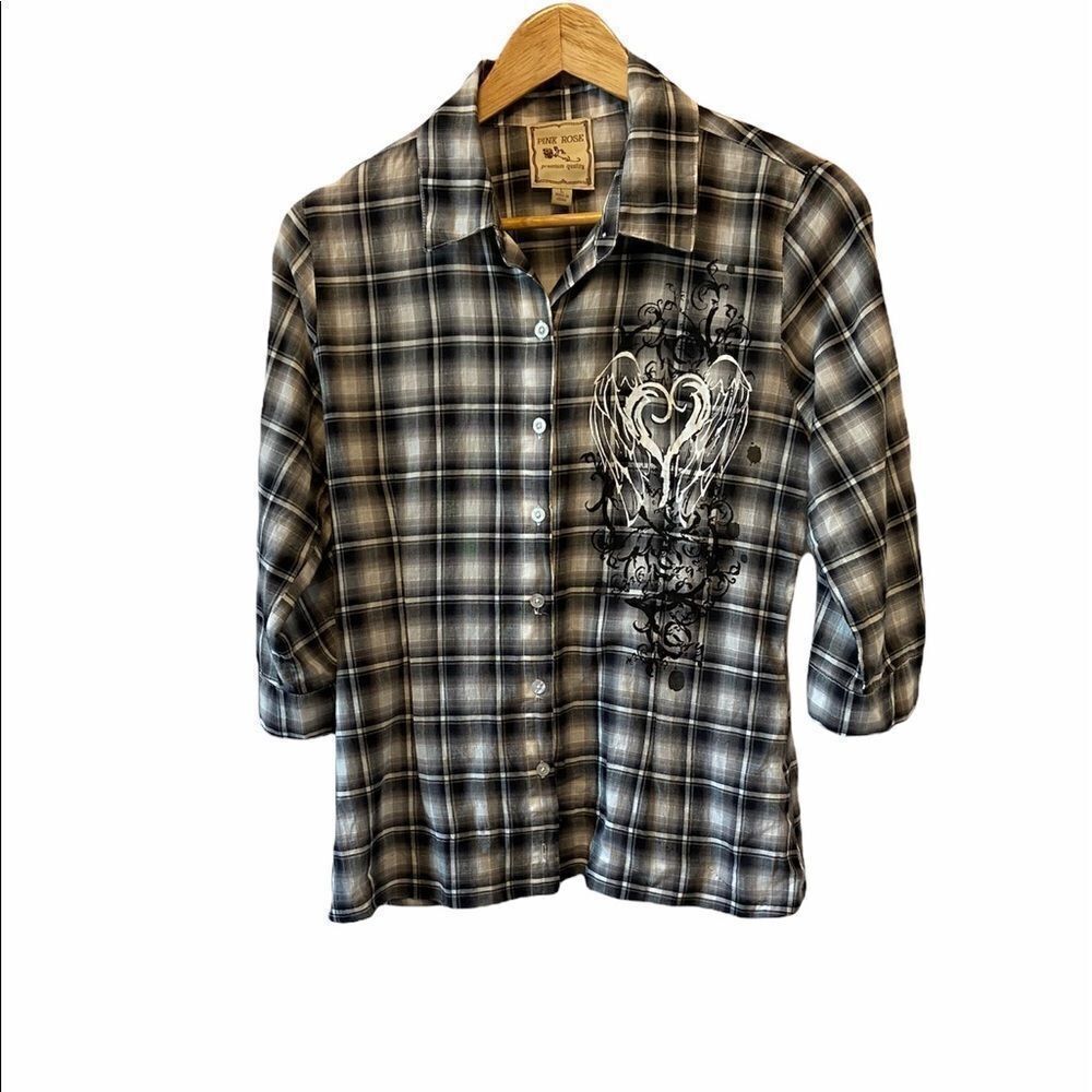 PINK ROSE Black,Grey&White Plaid Graphic Button Up